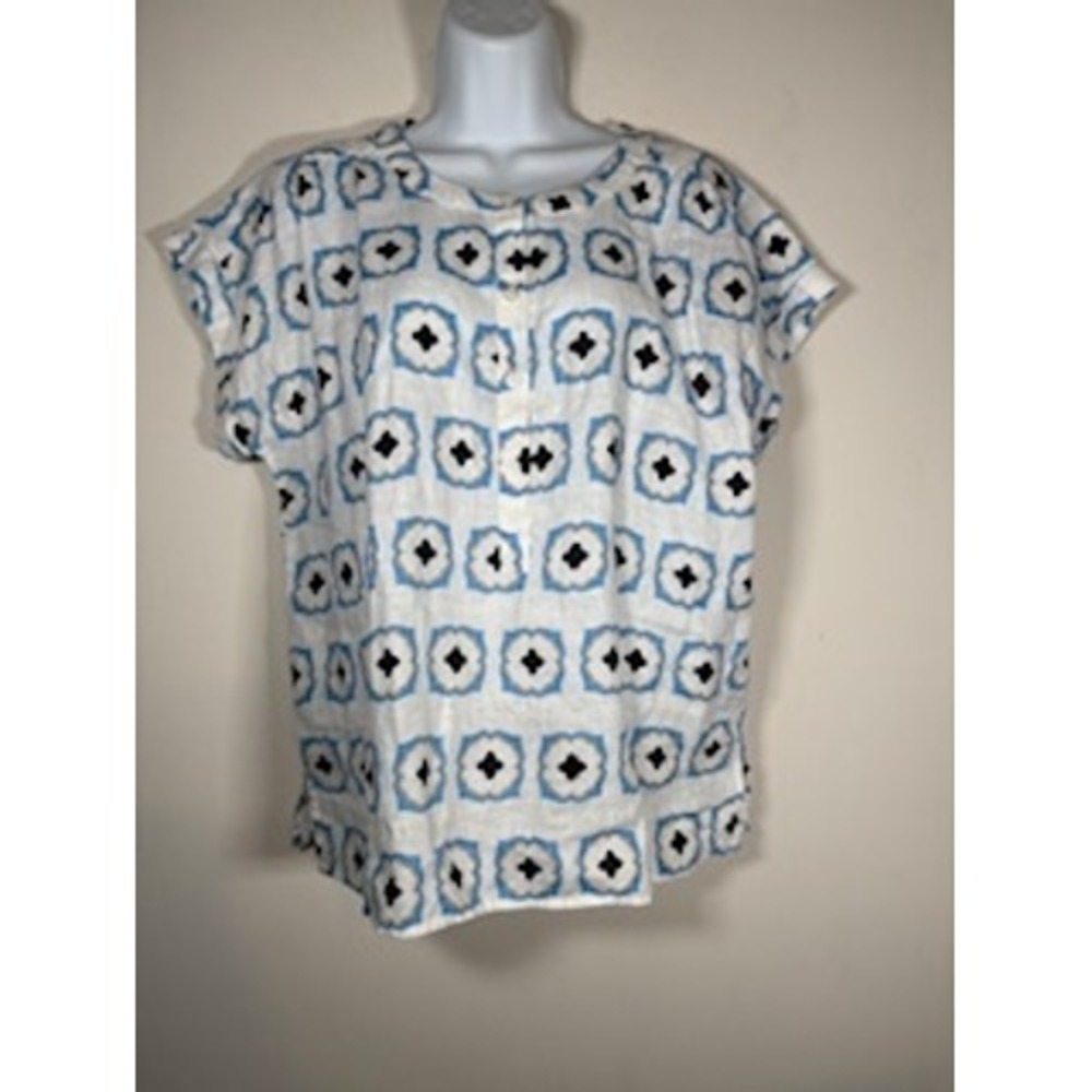 ANN TAYLOR 100% Linen Top Small White‎ Blue Geometric Tile Print Blouse Coastal